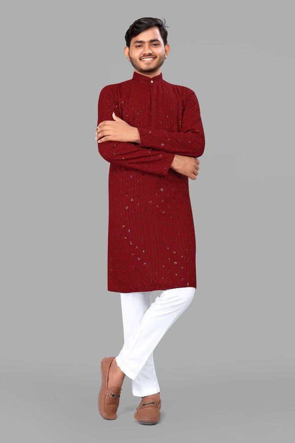 Red Embroidery Men Kurta With Pajama