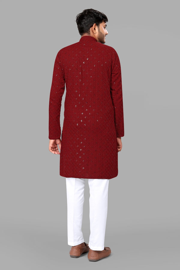 Red Embroidery Men Kurta With Pajama
