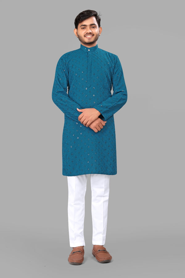 Teal Blue Embroidery Men Kurta With Pajama