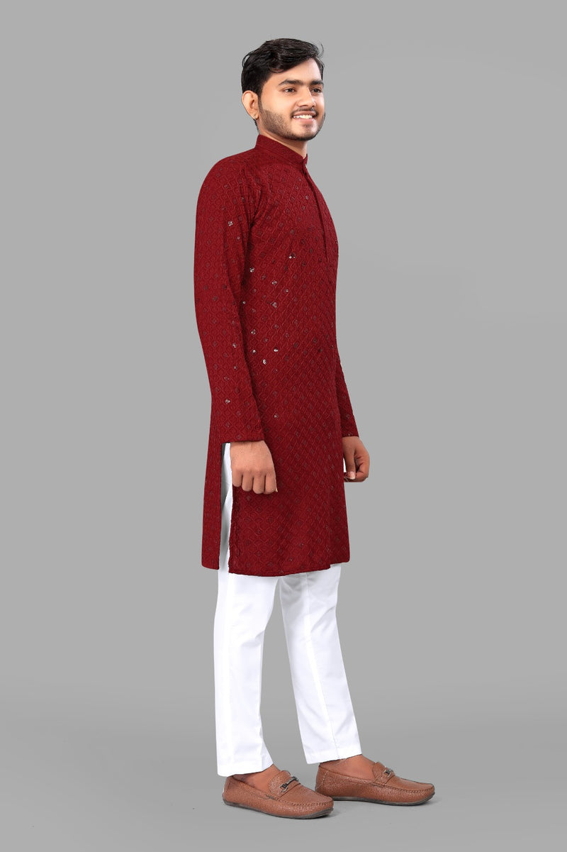 Red Embroidery Men Kurta With Pajama