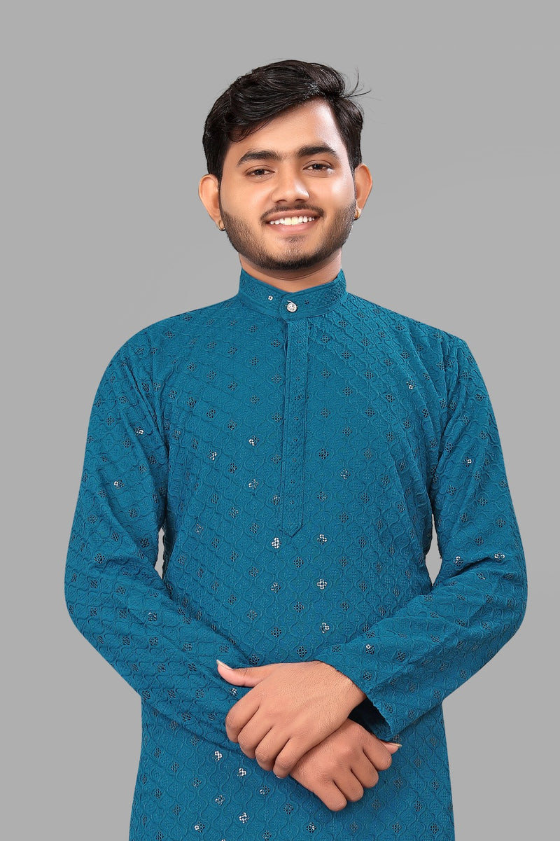 Teal Blue Embroidery Men Kurta With Pajama