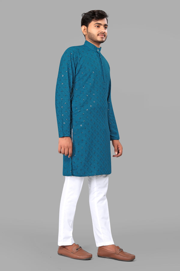 Teal Blue Embroidery Men Kurta With Pajama