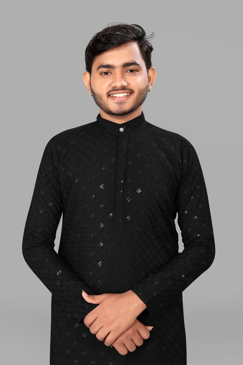 Black Embroidery Men Kurta With Pajama