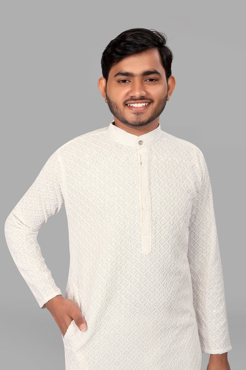White Embroidery Men Kurta With Pajama