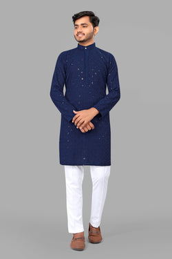 Dark Blue Embroidery Men Kurta With Pajama