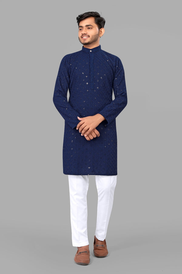 Dark Blue Embroidery Men Kurta With Pajama