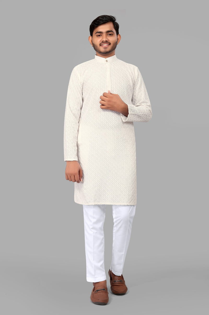 White Embroidery Men Kurta With Pajama