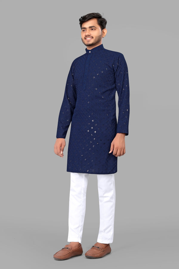 Dark Blue Embroidery Men Kurta With Pajama