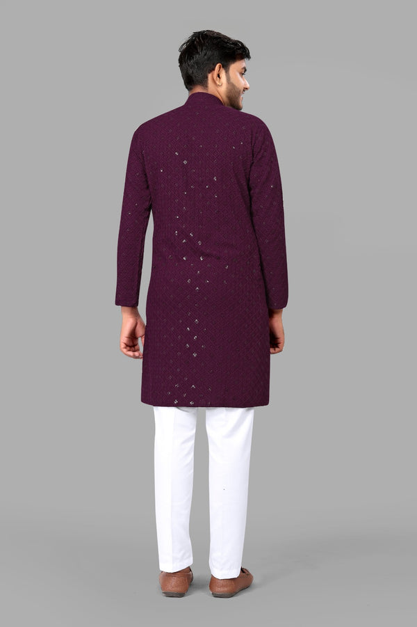 Purple Embroidery Men Kurta With Pajama