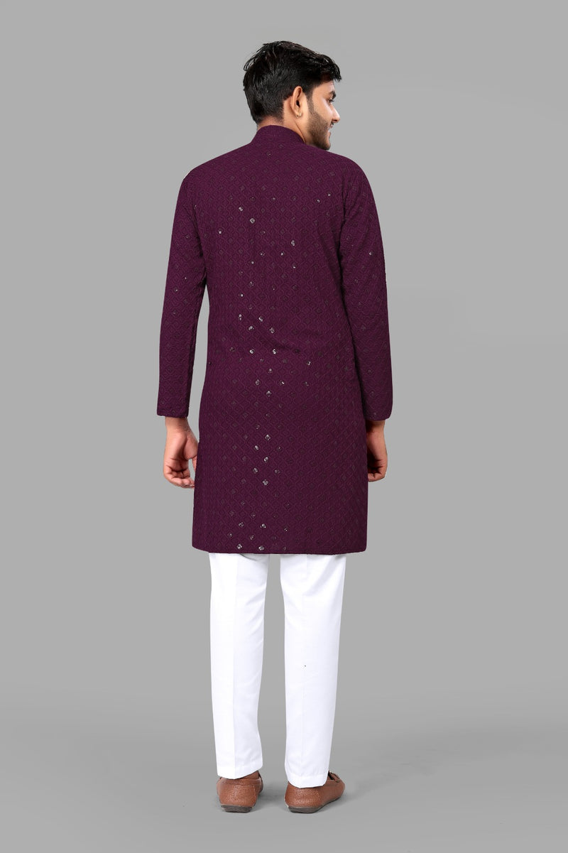 Purple Embroidery Men Kurta With Pajama