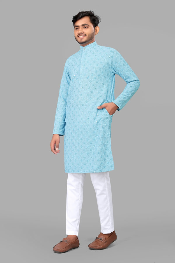 Sky Blue Embroidery Men Kurta With Pajama
