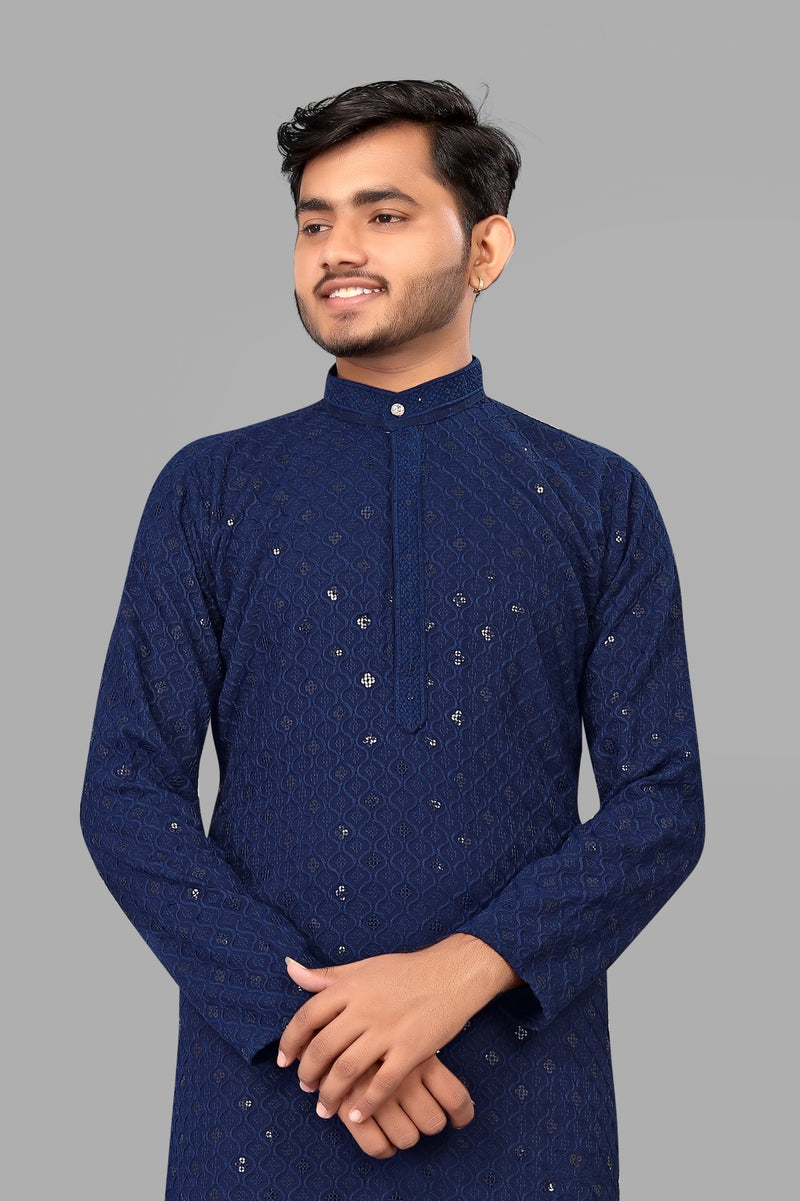 Dark Blue Embroidery Men Kurta With Pajama