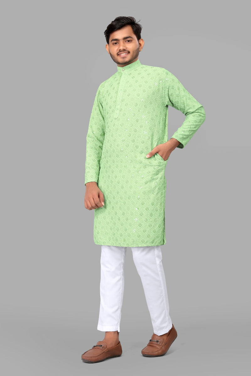 Pista Embroidery Men Kurta With Pajama
