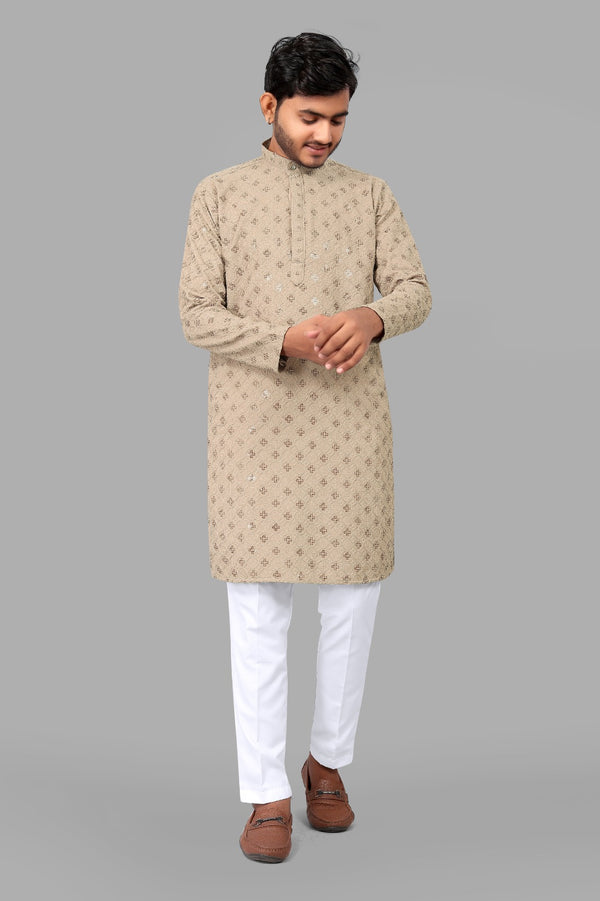 Beige Embroidery Men Kurta With Pajama