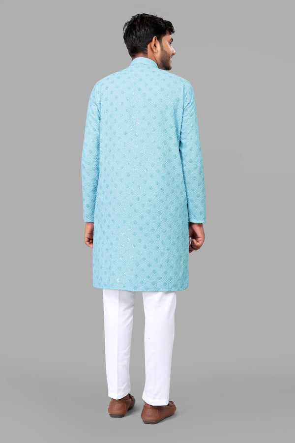 Sky Blue Embroidery Men Kurta With Pajama