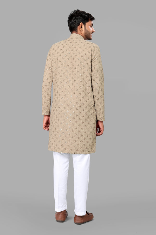 Beige Embroidery Men Kurta With Pajama