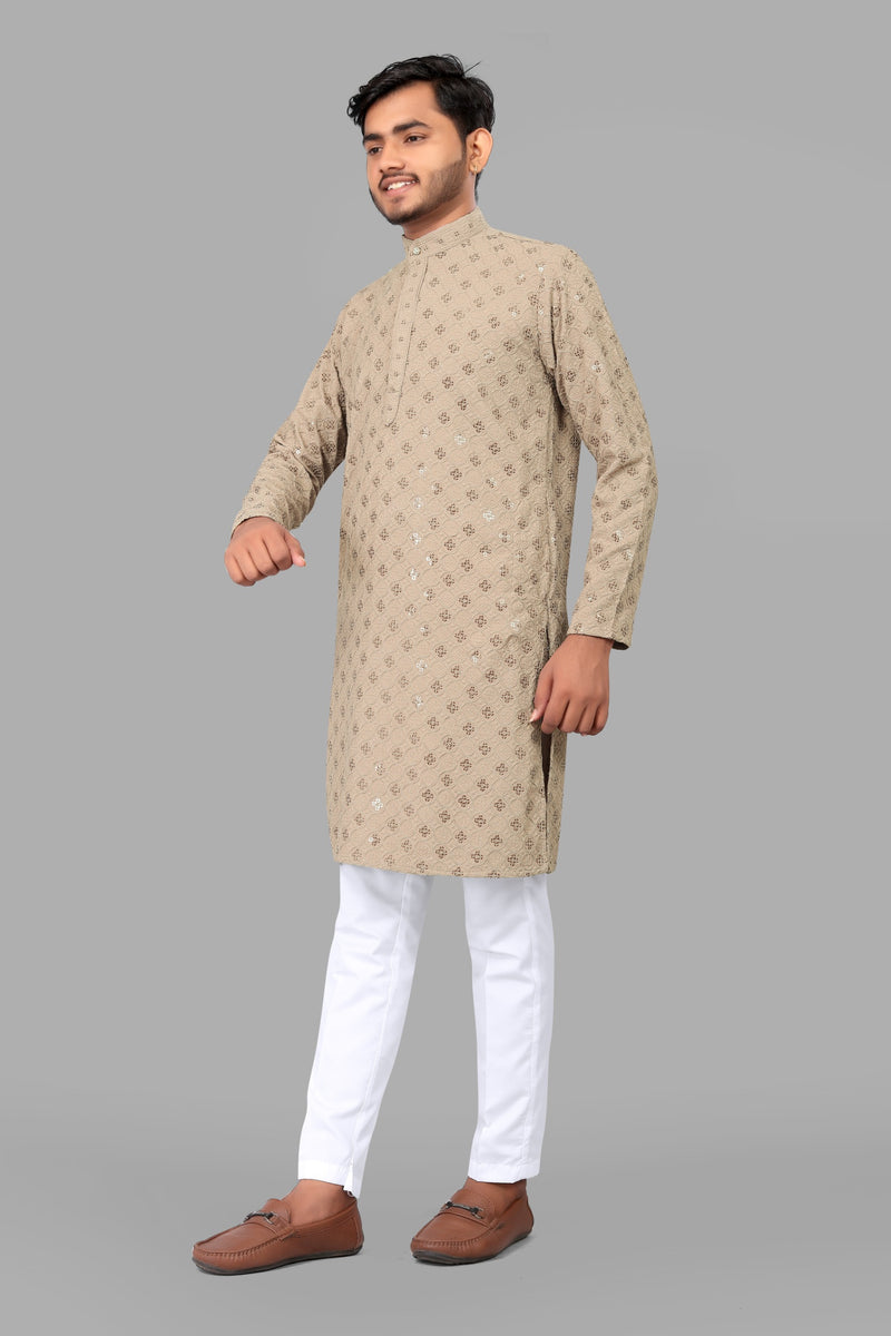 Beige Embroidery Men Kurta With Pajama