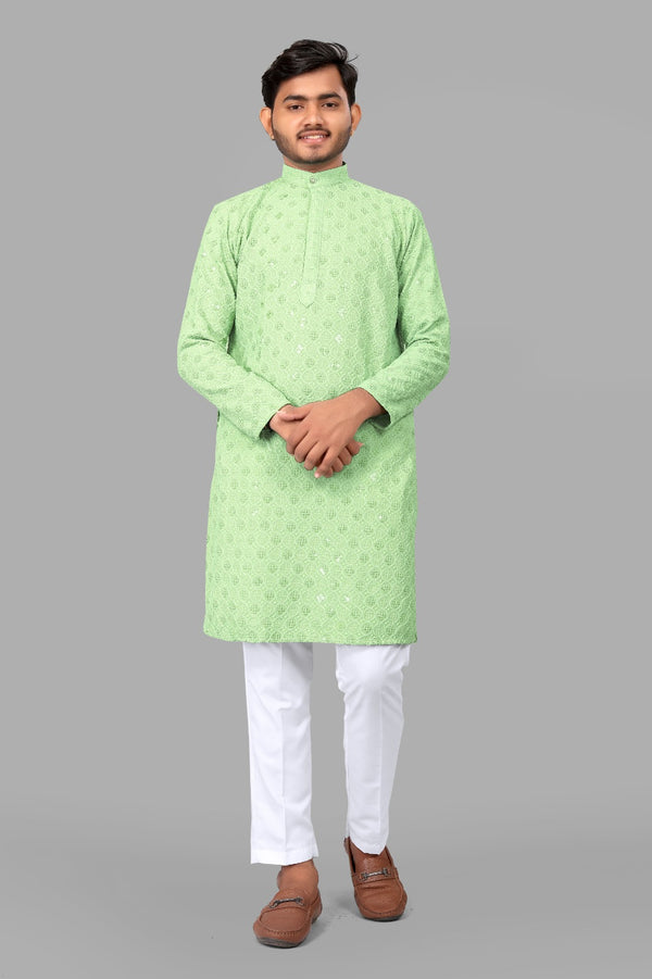 Pista Embroidery Men Kurta With Pajama