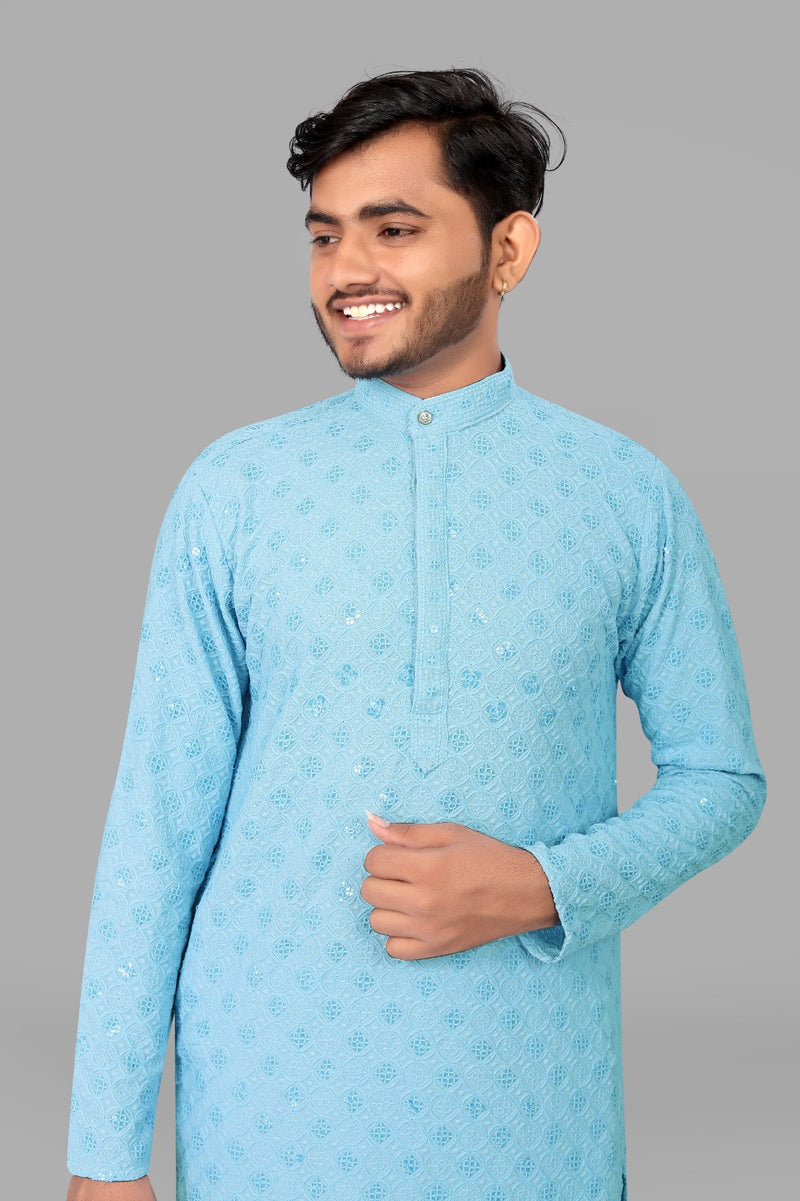 Sky Blue Embroidery Men Kurta With Pajama