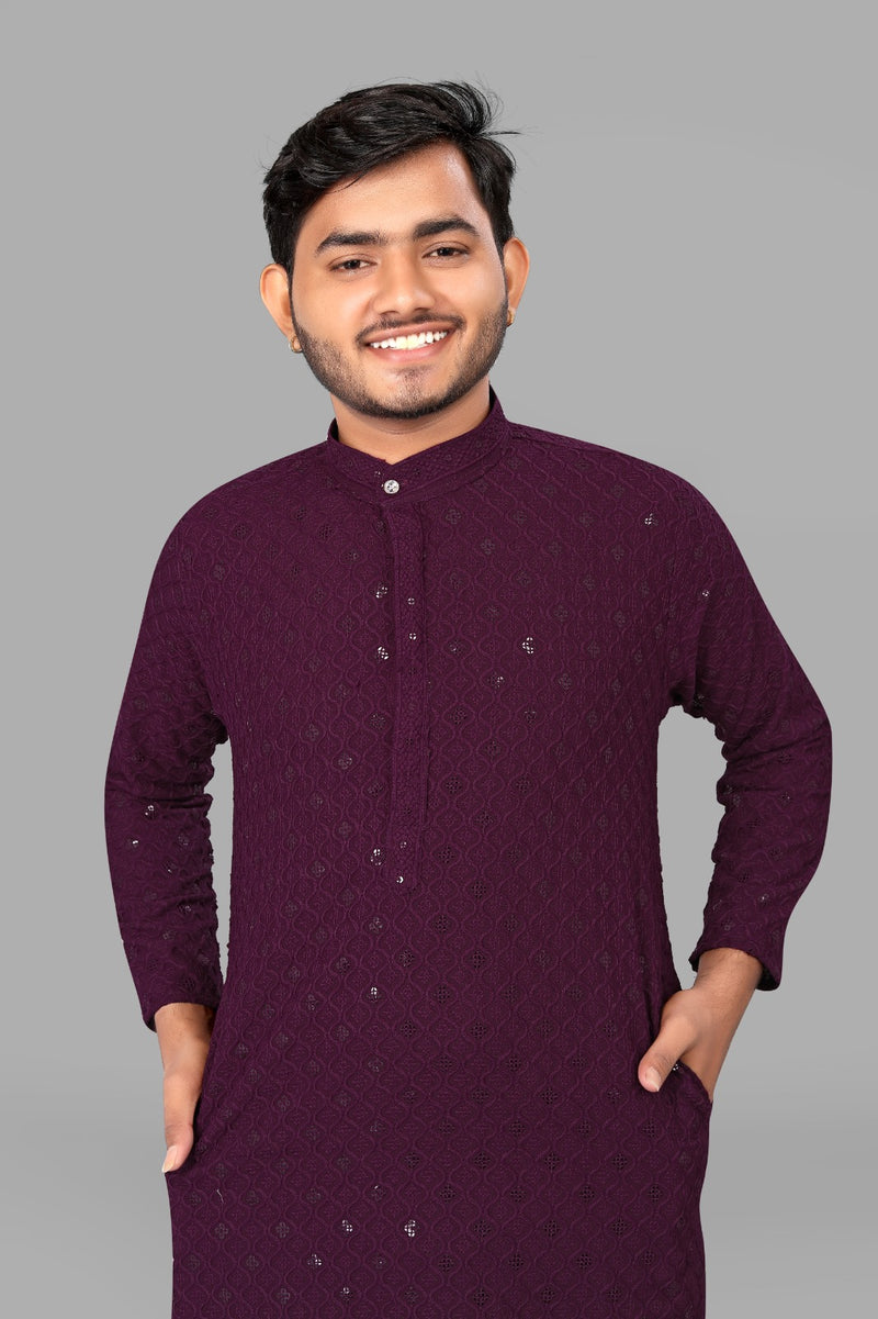 Purple Embroidery Men Kurta With Pajama