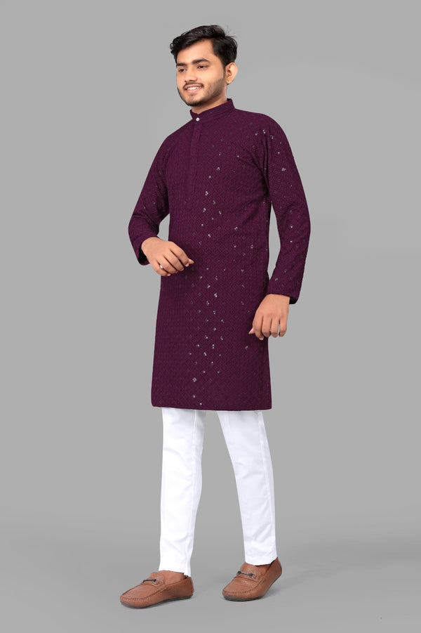 Purple Embroidery Men Kurta With Pajama