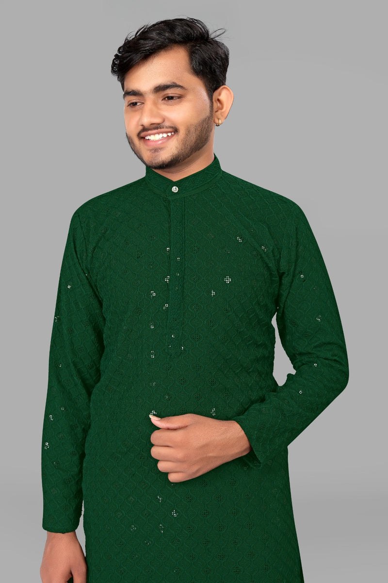 Green Embroidery Men Kurta With Pajama