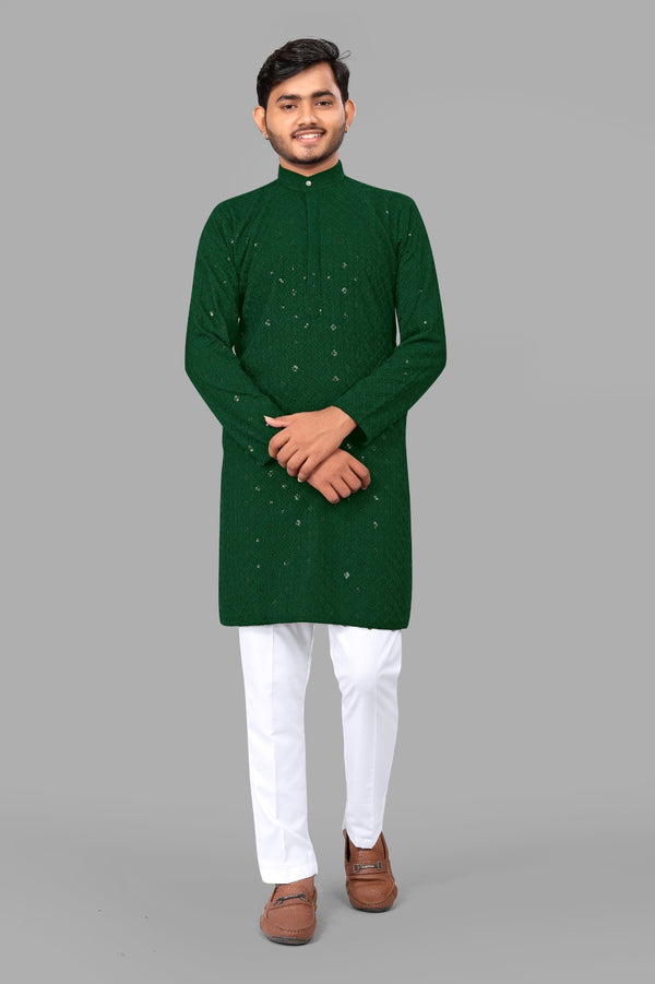 Green Embroidery Men Kurta With Pajama